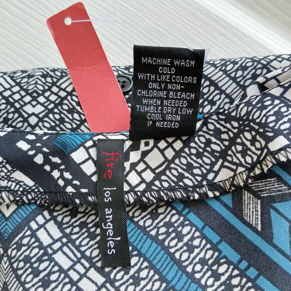 Fire Los Angeles Blue Button-up Maxi Dress M deep slits black mosaic waist tie - Picture 9 of 14